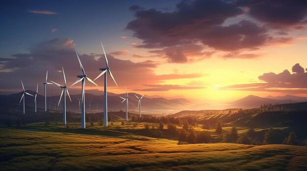 wind turbines in the sunset over a green field.  AI generative photo