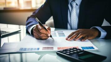 businessman in suit and tie working on financial documents. AI generative photo