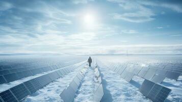 a person walking in the snow near solar panels. generative ai photo
