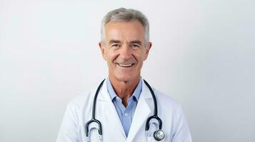 un sonriente más viejo hombre en un del doctor abrigo. ai generativo foto