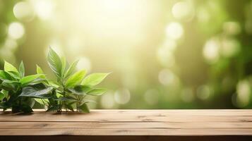 green plants on wooden table with sunlight, generative ai. photo