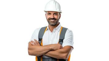 portrait of smiling male construction worker isolated on white background. generative ai photo