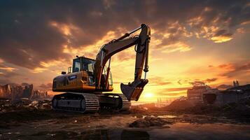 a construction machine is sitting on top of a hill at sunset. AI generative photo