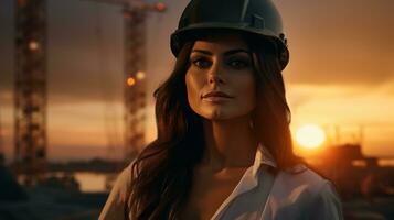 a beautiful woman in a hard hat at sunset. generative ai photo