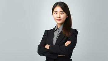 asian business woman with arms crossed standing in front of gray background. generative ai photo