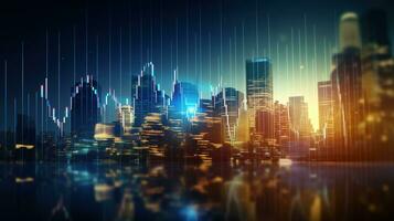 a cityscape with skyscrapers and lights. AI generative photo