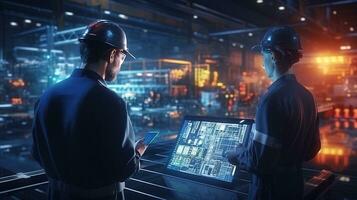 two men in hard hats looking at a computer screen. AI generative photo