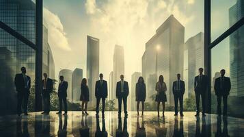 business people standing in front of large windows with cityscape.  AI generative photo