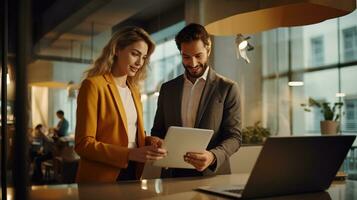 two business people looking at a tablet computer.  AI generative photo