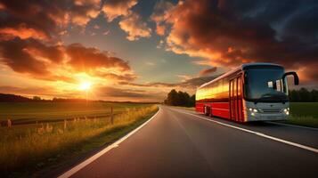 un rojo autobús conducción abajo el la carretera a puesta de sol. generativo ai foto