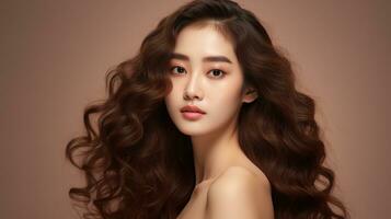 beautiful asian woman with long curly hair. generative ai photo