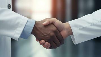 two doctors shaking hands in an office.  AI generative photo
