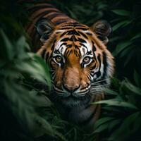 detallado cerca arriba retrato de Tigre animal en selva arbustos, generativo aii foto