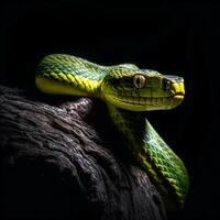 close up portrait of green snake or tree snake isolated on black background, generative ai photo