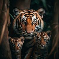 cerca arriba detallado retrato de madre y niño Tigre familia animal, generativo ai foto