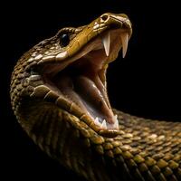 cerca arriba retrato de cobra serpiente aislado en negro fondo, generativo ai foto