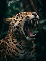 detailed close up portrait of a roaring leopard, generative ai photo