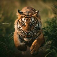 detailed portrait of the tiger animal running, preying, chasing, generative ai photo