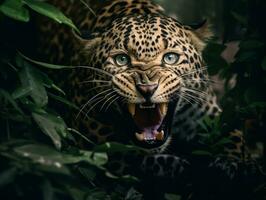 detailed close up portrait of a roaring leopard, generative ai photo