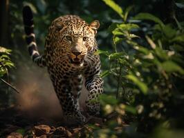 leopardo retrato correr, persecución, cazando, generativo ai foto