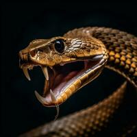 close up portrait of cobra snake isolated on black background, generative ai photo