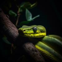 cerca arriba retrato de verde serpiente o árbol serpiente aislado en negro fondo, generativo ai foto