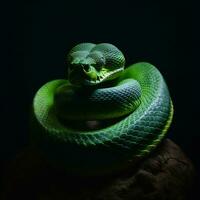 cerca arriba retrato de verde serpiente o árbol serpiente aislado en negro fondo, generativo ai foto