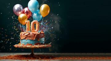 birthday cake design with number 10. 10th birthday poster. generative ai photo