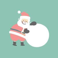 merry christmas and happy new year with cute santa claus making rolling snowball in the winter season green background, flat vector illustration cartoon character costume design