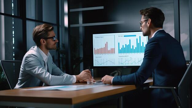 two business men sitting at a table with a computer screen. generative ai photo