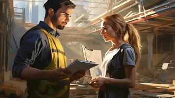 a man and woman standing in a construction site. generative ai photo