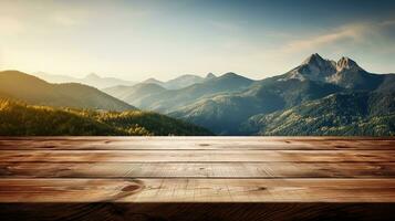 empty wooden table with mountains in the background. AI generative photo