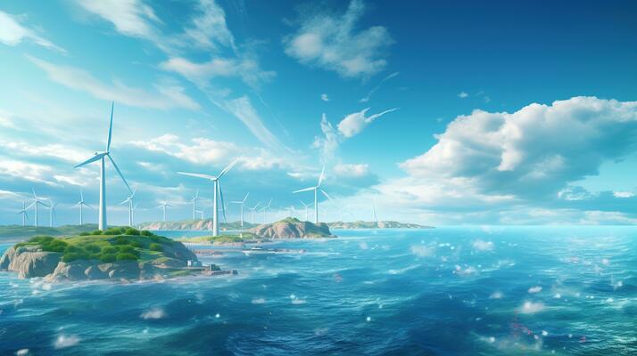 an ocean with wind turbines and clouds.  AI generative