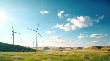 wind turbines in the middle of a green field.  AI generative photo