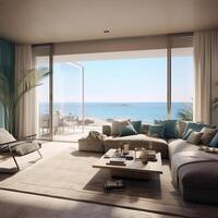 a modern living room with a view of the ocean. photo