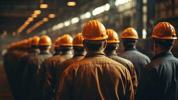 a group of men in hard hats standing in a factory. AI generative photo