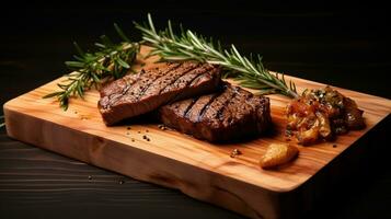 A la parrilla carne de vaca filete con Romero y especias en un de madera corte tablero. ai generativo foto