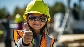 a young girl wearing a hard hat and safety glasses.  AI generative photo