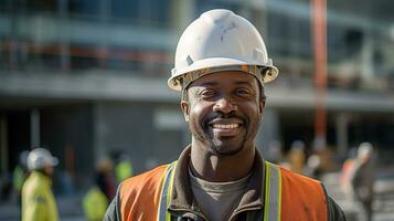 a smiling black man in a hard hat and safety vest. AI generative photo