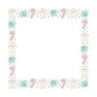 Square Christmas Frame Border. Gingerbread Cookies, Candy Cane and Mistletoe Pattern Winter Holiday Graphics. Social media post template on white background. Isolated vector illustration.