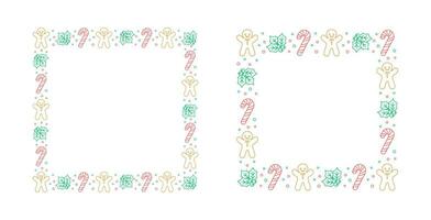 Square Christmas Frame Border. Gingerbread Cookies Set, Candy Cane and Mistletoe Pattern Winter Holiday Graphics. Social media post template on white background. Vector illustration.