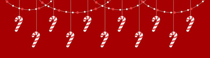 Merry Christmas Border Banner, Hanging Candy Cane Garland. Winter Holiday Season Header Decoration. Web Banner Template. Vector illustration.