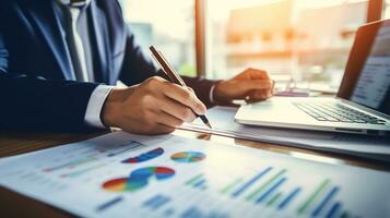 businessman in suit and tie working on financial report in office. generative ai photo