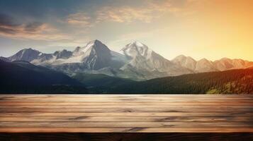 empty wooden table with mountains in the background. AI generative photo