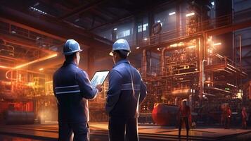 two men in hard hats standing in front of a factory.AI generative photo