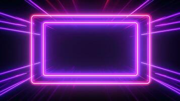 neon pink square frame with purple light rays. AI generative photo