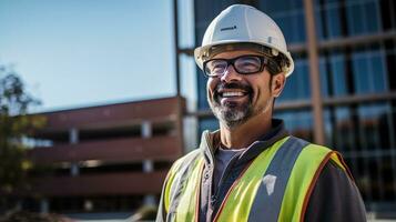 un sonriente hombre en un difícil sombrero y la seguridad chaleco. ai generativo foto