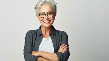 un mujer con lentes y un gris cabello. ai generativo foto