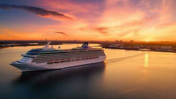 a cruise ship in the water at sunset. AI generative photo
