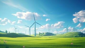 wind turbines in the middle of a green field.  AI generative photo